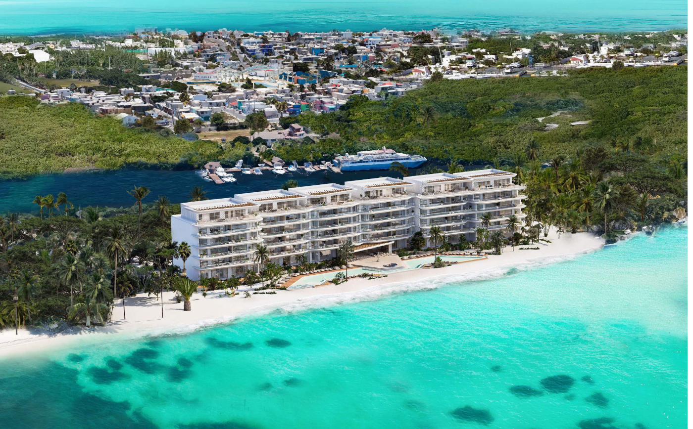 Marietta Residences Isla Mujeres — vista aérea frente a la playa